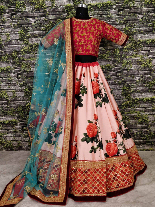 Rose Florals Printed Designer Lehengas with Embroidered Blouse - Zeel Clothing