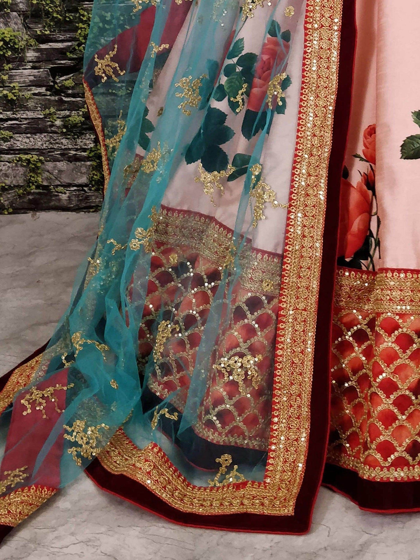 Rose Florals Printed Designer Lehengas with Embroidered Blouse - Zeel Clothing