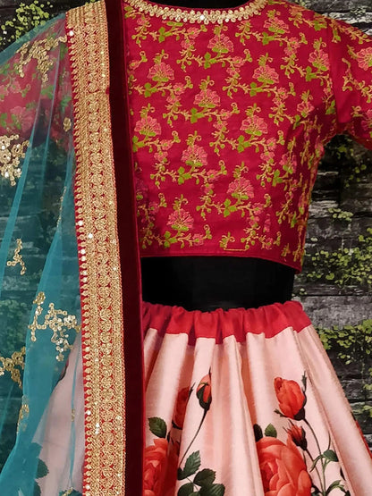 Rose Florals Printed Designer Lehengas with Embroidered Blouse - Zeel Clothing