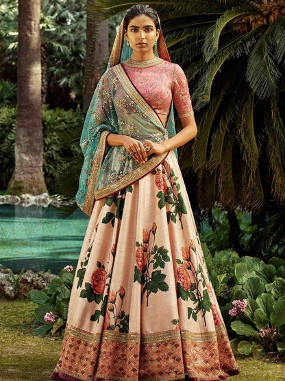 Rose Florals Printed Designer Lehengas with Embroidered Blouse - Zeel Clothing