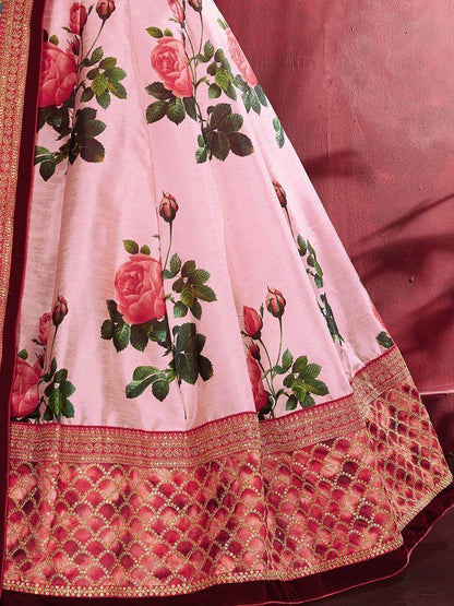 Rose-Pink Floral Print Banglori Silk Wedding Wear Lehenga Choli - Zeel Clothing