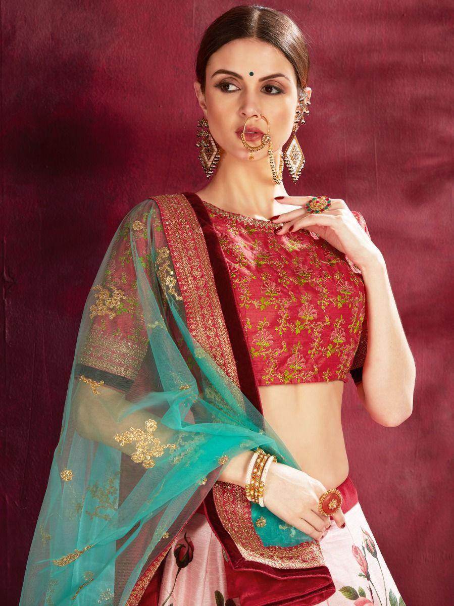Rose-Pink Floral Print Banglori Silk Wedding Wear Lehenga Choli - Zeel Clothing