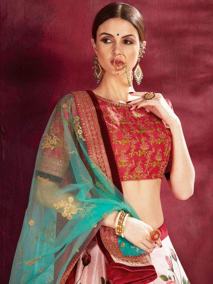 Rose-Pink Floral Print Banglori Silk Wedding Wear Lehenga Choli - Zeel Clothing