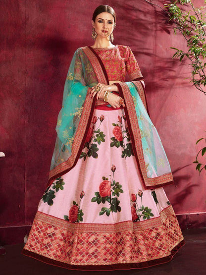 Rose-Pink Floral Print Banglori Silk Wedding Wear Lehenga Choli - Zeel Clothing