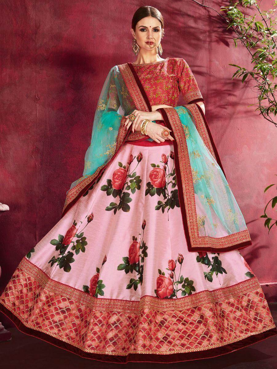 Rose-Pink Floral Print Banglori Silk Wedding Wear Lehenga Choli - Zeel Clothing