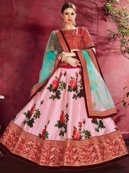 Rose-Pink Floral Print Banglori Silk Wedding Wear Lehenga Choli - Zeel Clothing
