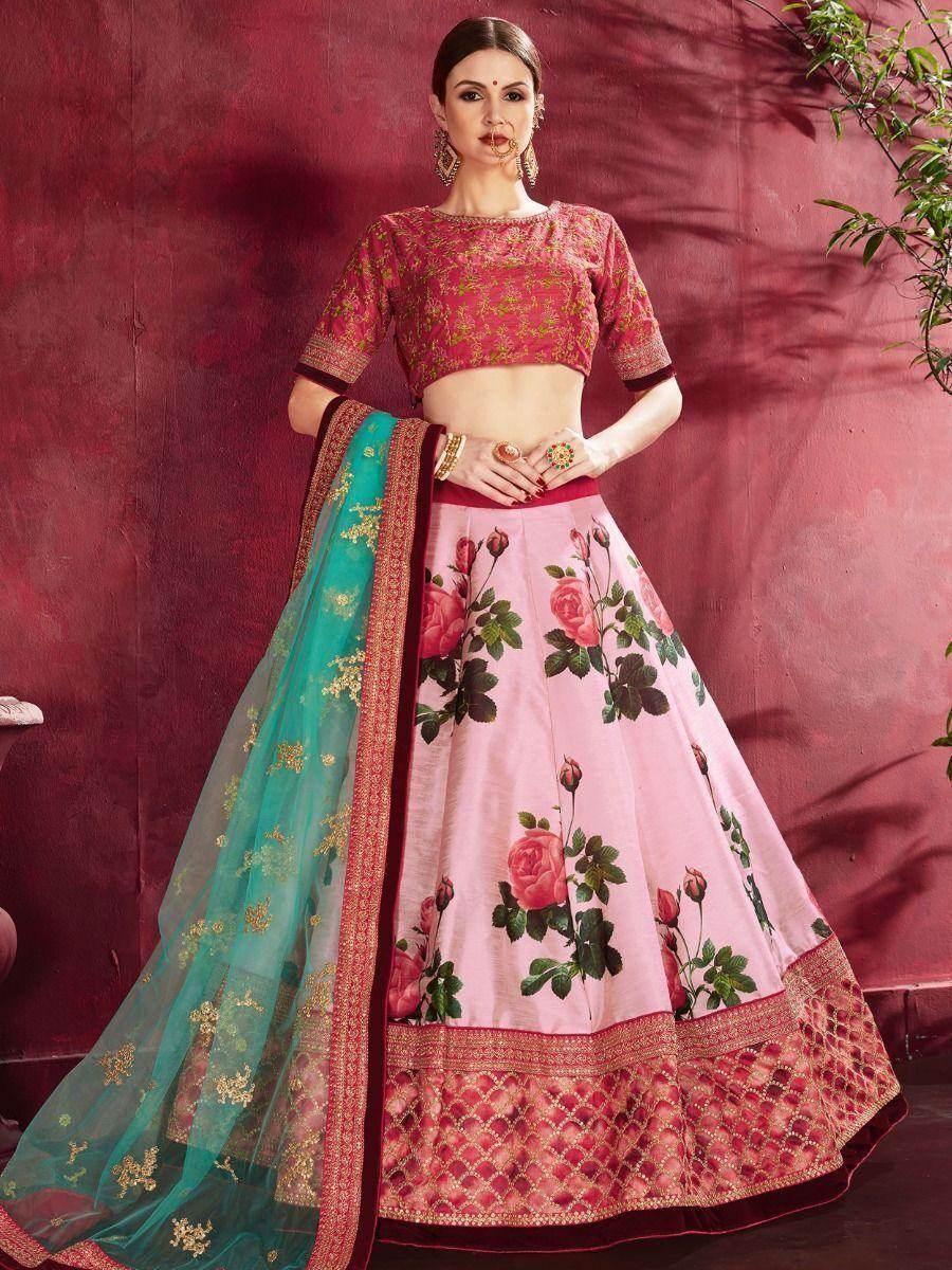 Rose-Pink Floral Print Banglori Silk Wedding Wear Lehenga Choli - Zeel Clothing