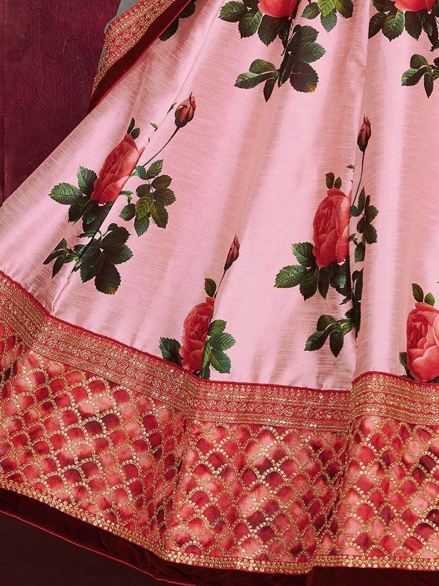 Rose-Pink Floral Print Banglori Silk Wedding Wear Lehenga Choli - Zeel Clothing