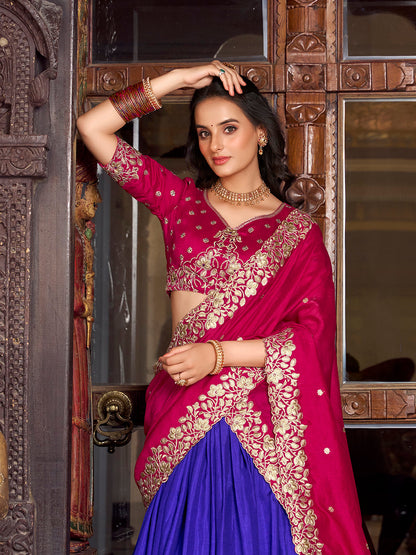 Royal Blue Color Printed With Foil Work Tussar Silk Lehenga Choli