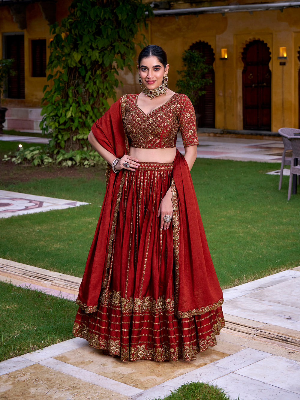 Rust Orange Color Sequins And Thread Embroidery Work Rangoli Crush Lehenga Choli