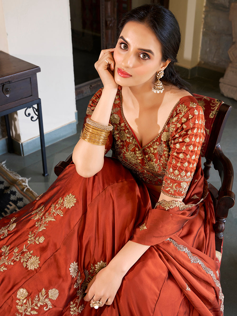 Rust Orange Color Sequins And Thread Embroidery Work Rangoli Silk Lehenga Choli