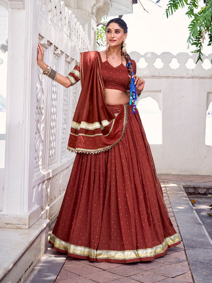 Rust Orange Color Zari Weaving Work With Embossed Design Chanderi Lehenga Choli