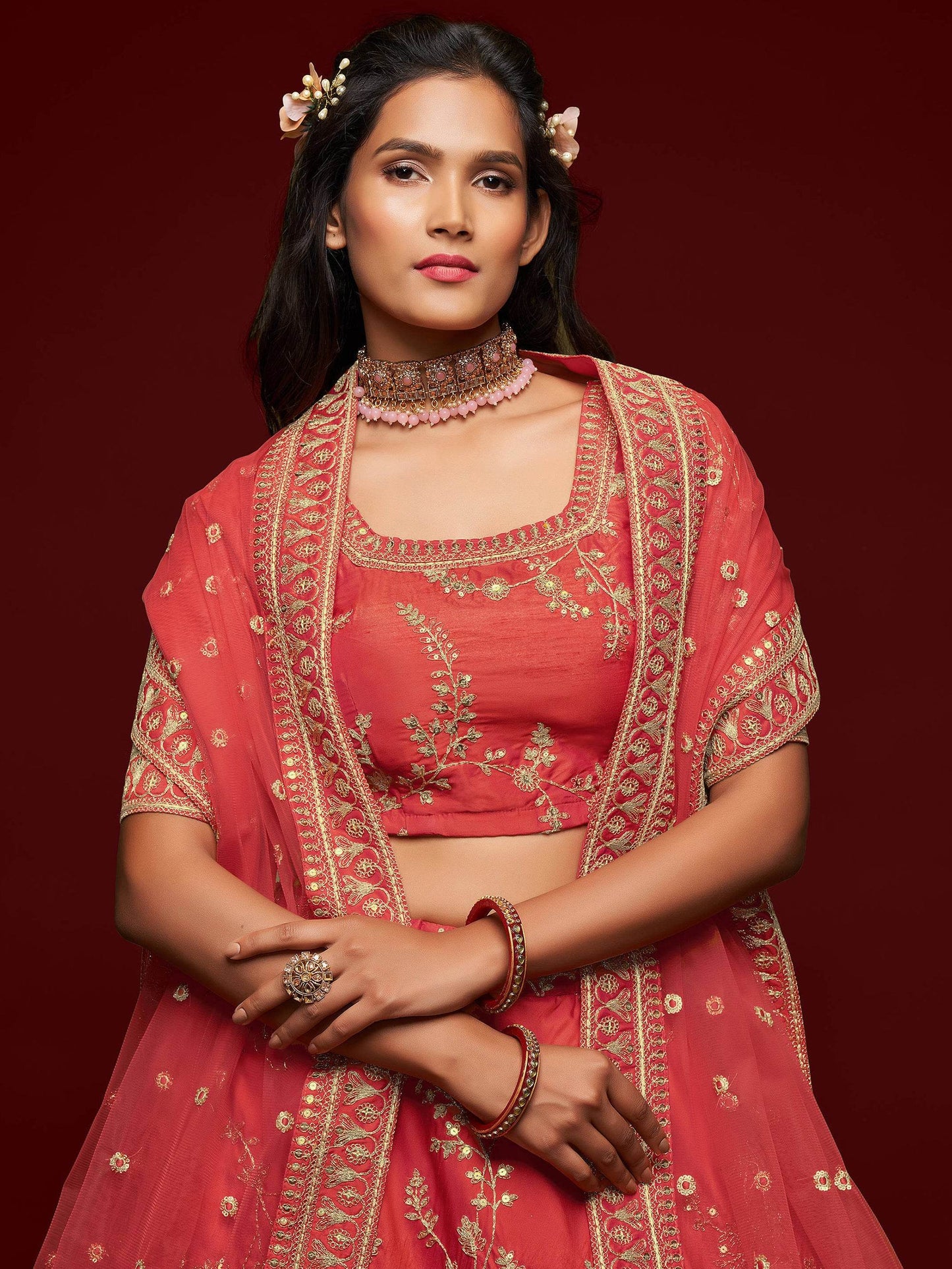 Satisfying Coral Red Thread Embroidery Art Silk Wedding Lehenga Choli - Zeel Clothing