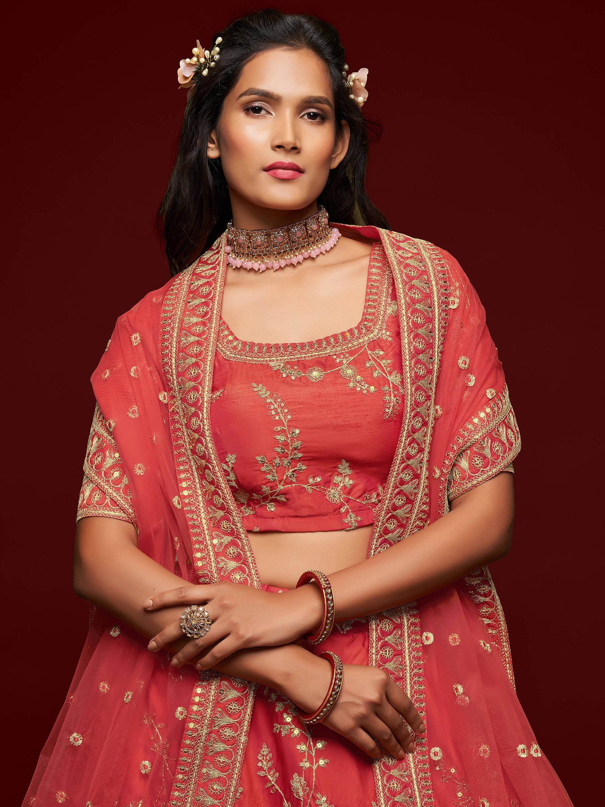 Satisfying Coral Red Thread Embroidery Art Silk Wedding Lehenga Choli - Zeel Clothing
