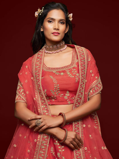 Satisfying Coral Red Thread Embroidery Art Silk Wedding Lehenga Choli - Zeel Clothing