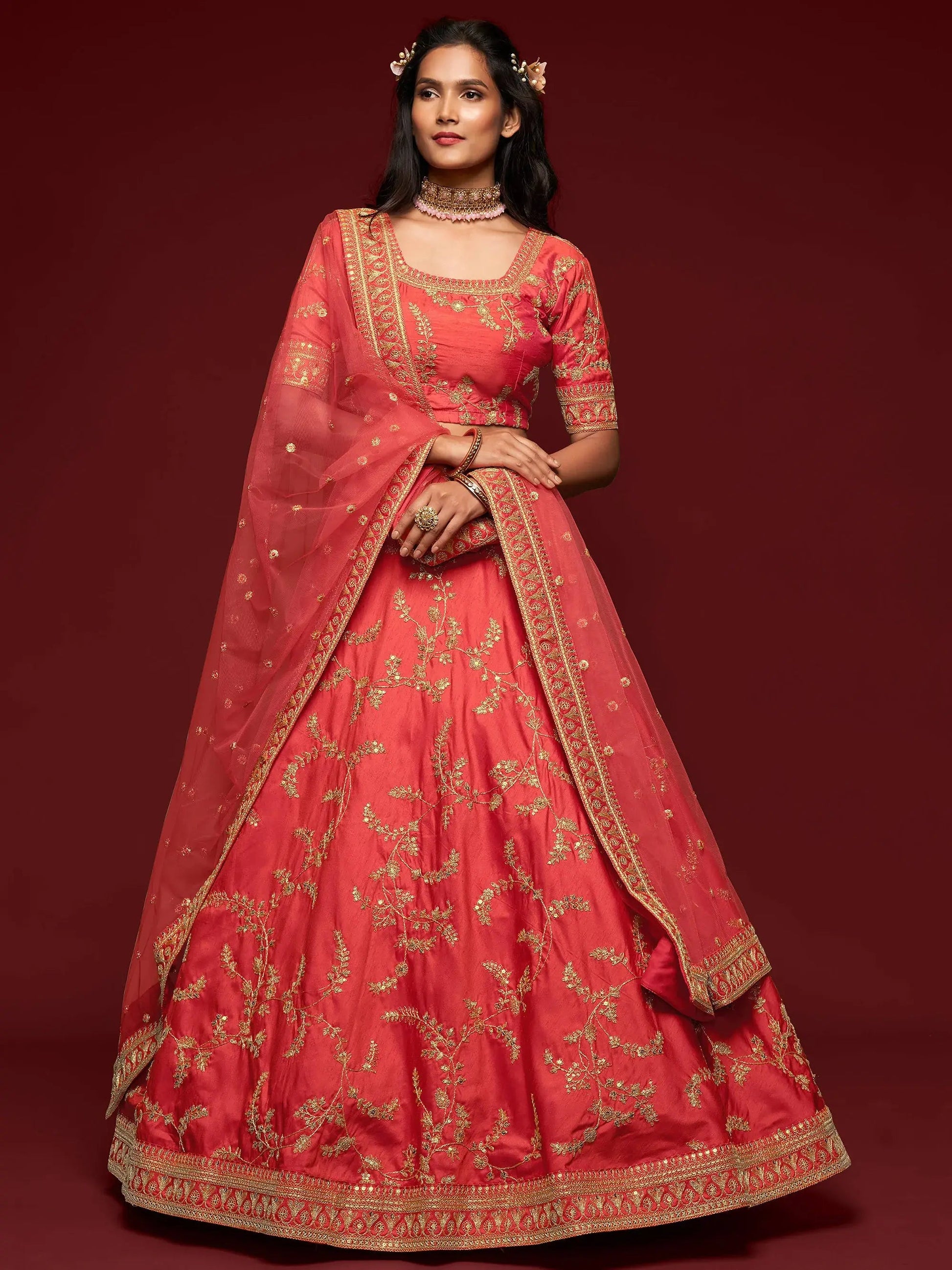 Satisfying Coral Red Thread Embroidery Art Silk Wedding Lehenga Choli - Zeel Clothing
