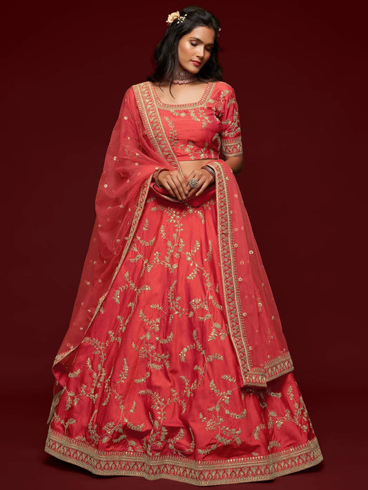 Satisfying Coral Red Thread Embroidery Art Silk Wedding Lehenga Choli - Zeel Clothing