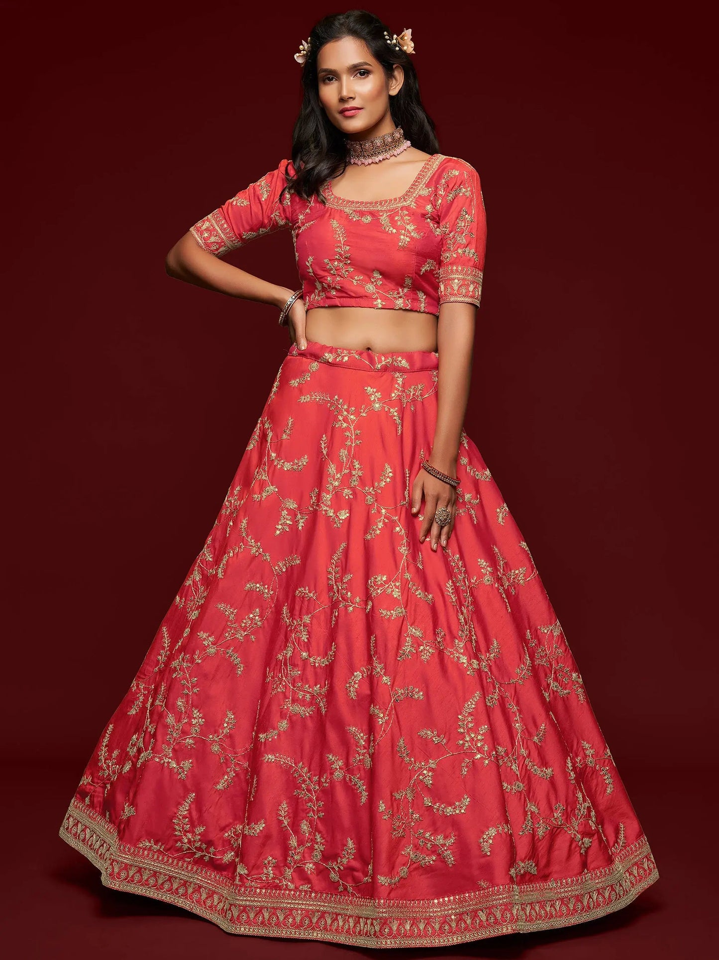 Satisfying Coral Red Thread Embroidery Art Silk Wedding Lehenga Choli - Zeel Clothing