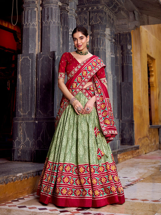 See Green Color Ikkat Patola Printed Tasar Silk Lehenga Choli