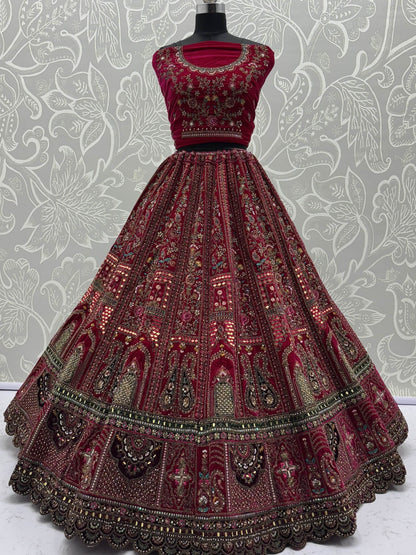 Sensational Pink Dori Work Velvet Bridal Lehenga Choli With Double Dupatta - Zeel Clothing