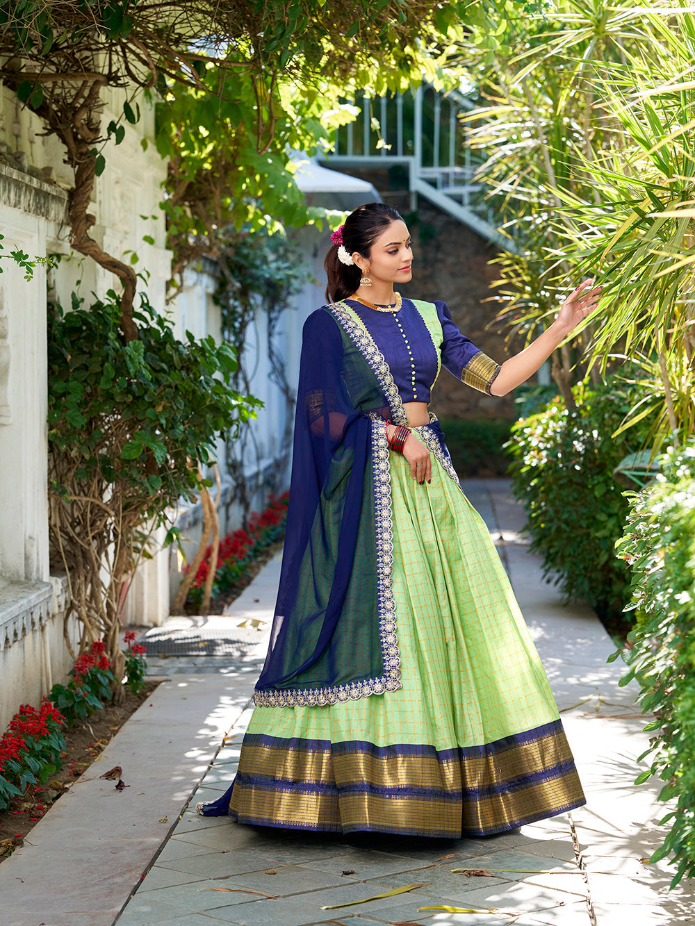 Pista Color Zari Weaving Work With Chex Lehenga Choli