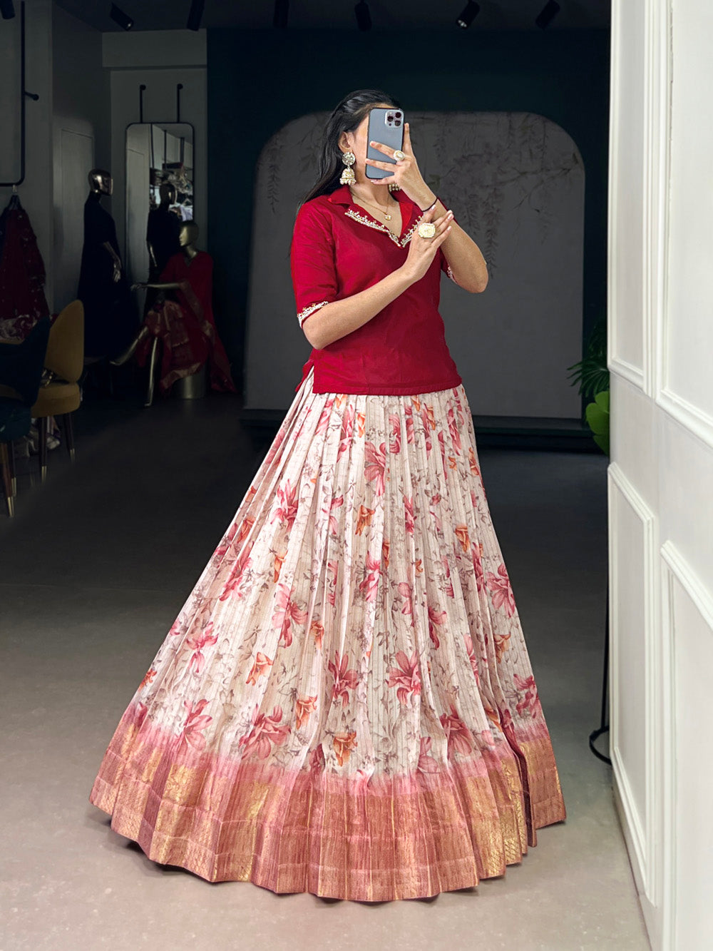 Red Color Floral Print With Zari Weaving Work Dola Chex Co-Ord Set