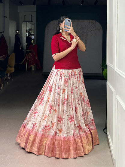 Red Color Floral Print With Zari Weaving Work Dola Chex Co-Ord Set