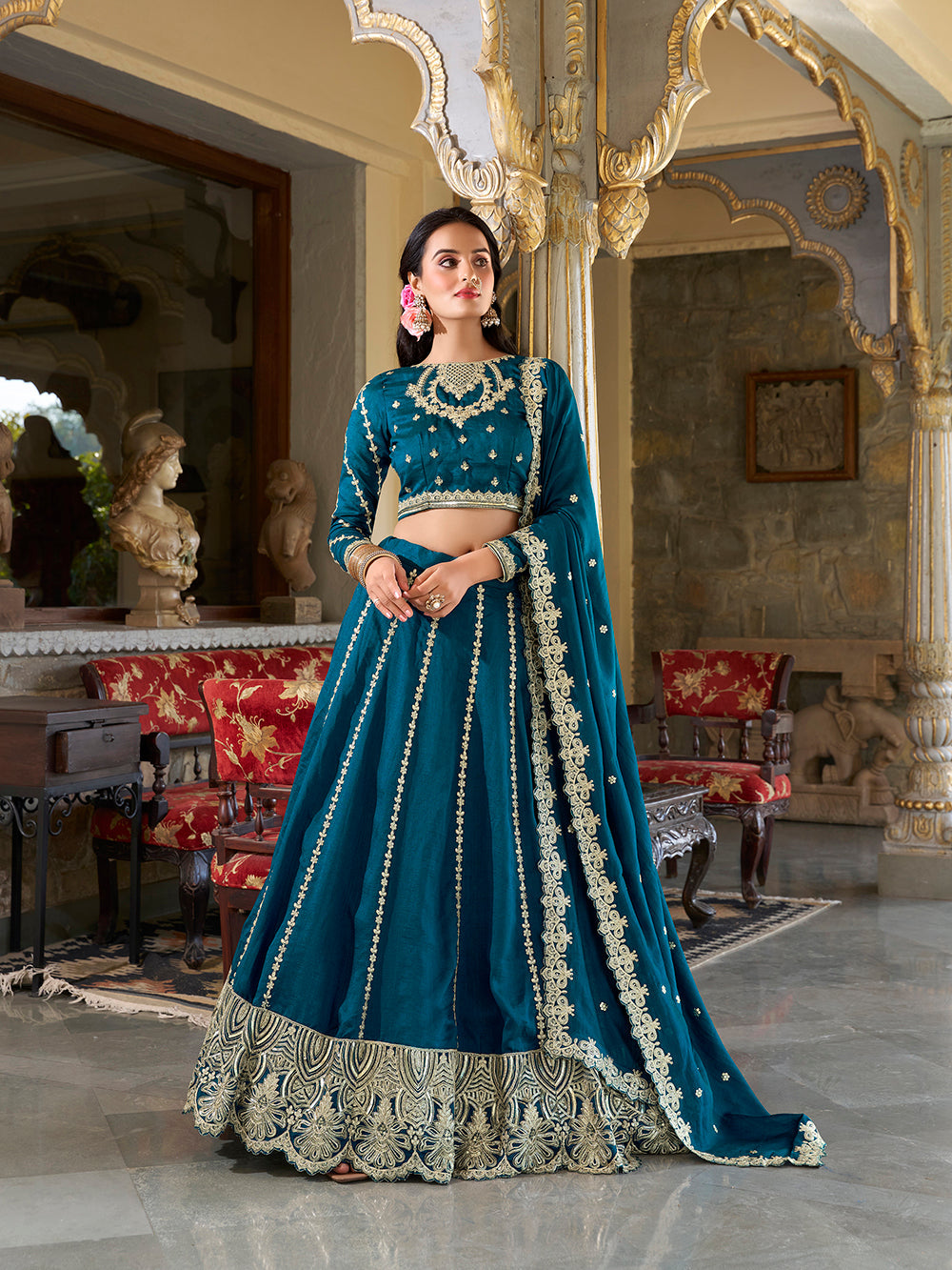 Firozi Color Sequins And Thread Embroidery Work Vichitra Silk Lehenga Choli
