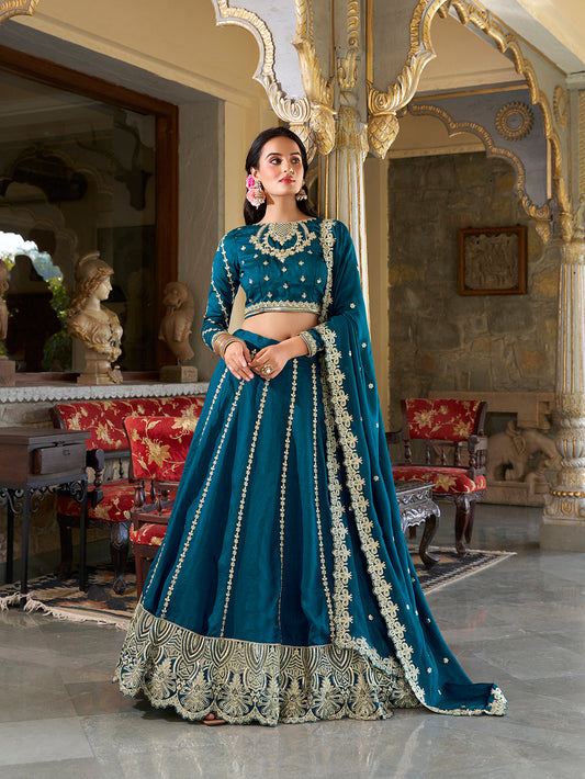 Firozi Color Sequins And Thread Embroidery Work Vichitra Silk Lehenga Choli