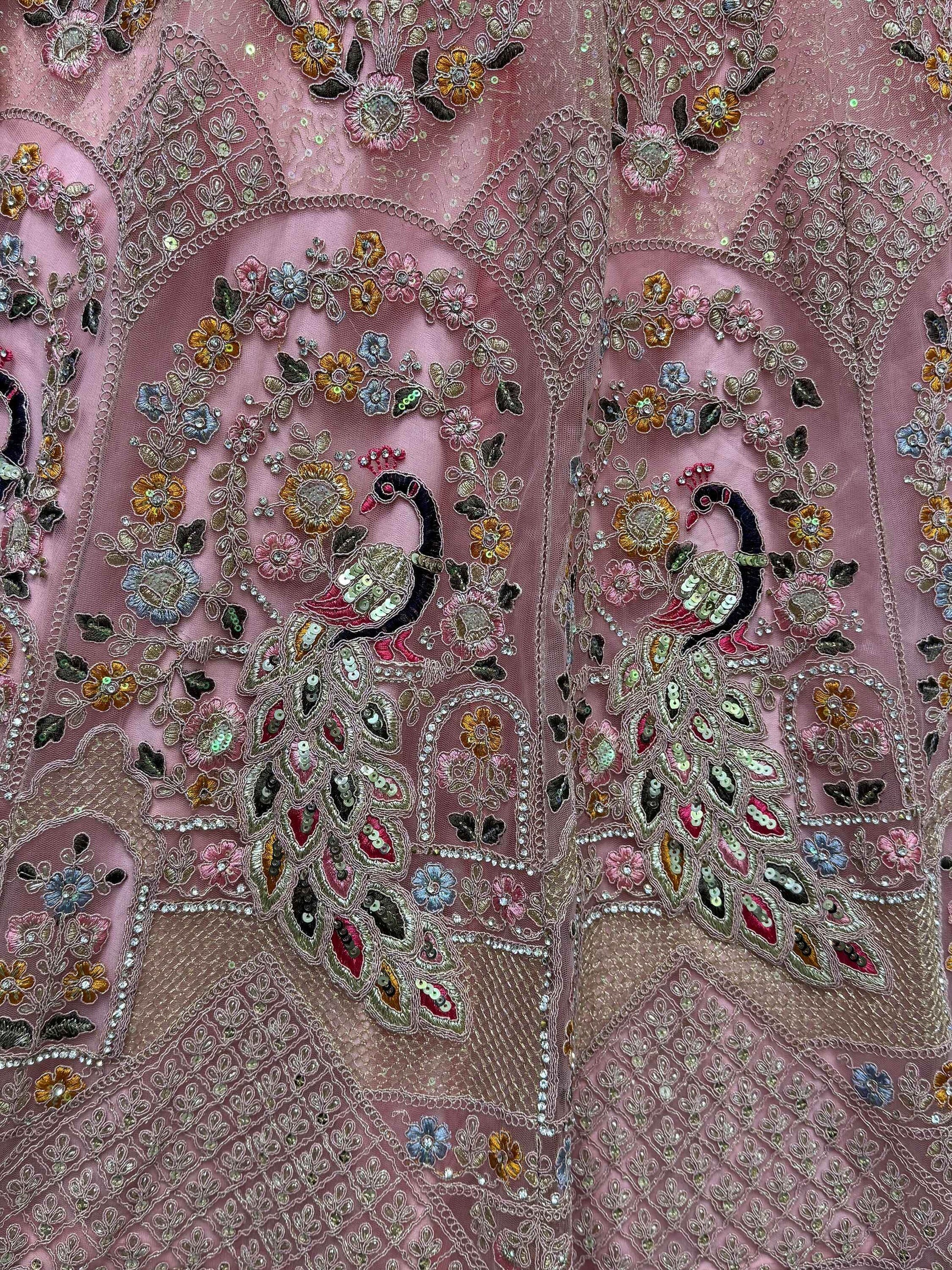 Shocking Peach Sequins Work Net Bridesmaid Lehenga Choli - Zeel Clothing