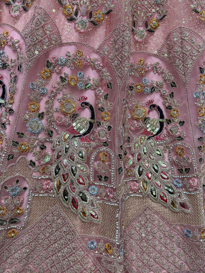 Shocking Peach Sequins Work Net Bridesmaid Lehenga Choli - Zeel Clothing