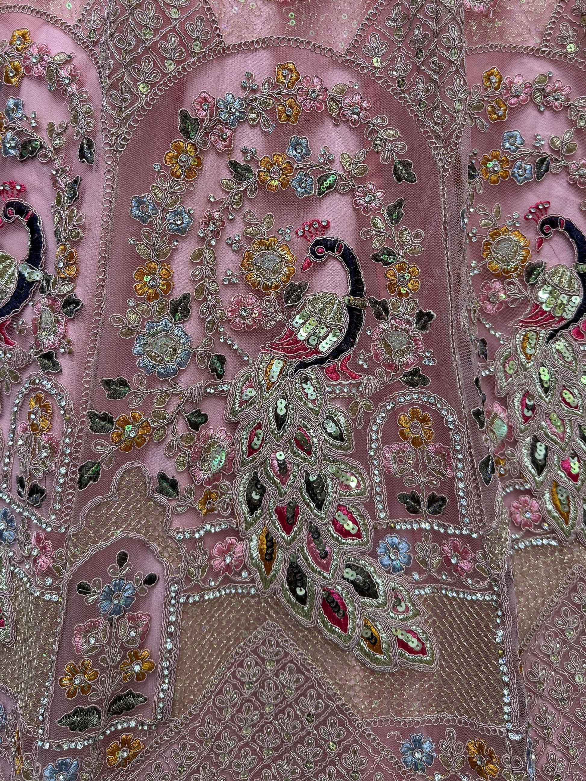 Shocking Peach Sequins Work Net Bridesmaid Lehenga Choli - Zeel Clothing