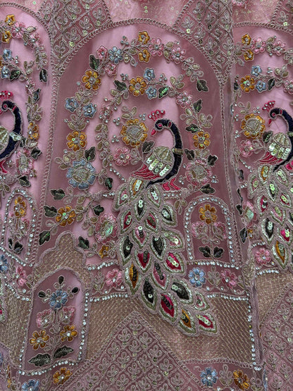 Shocking Peach Sequins Work Net Bridesmaid Lehenga Choli - Zeel Clothing