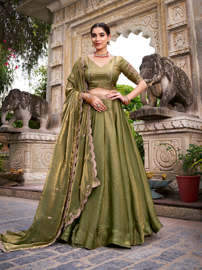 Mehandi Color Sequins And Thread Embroidery Work Belt Fendi Lehenga Choli