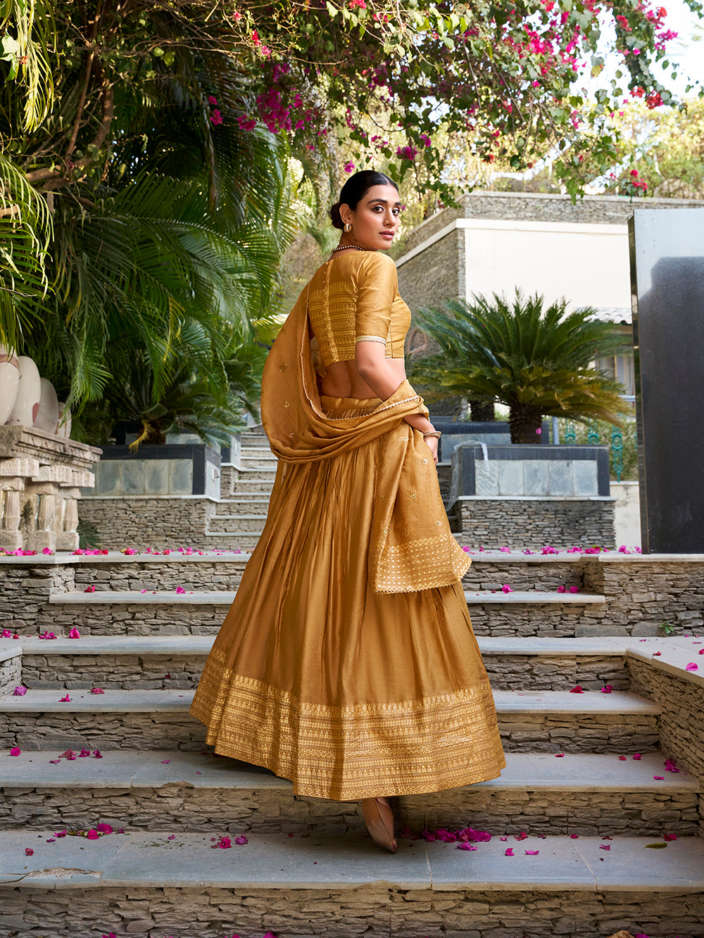Mustard Color Plain With Zari Weaving Work Chanderi Lehenga Choli