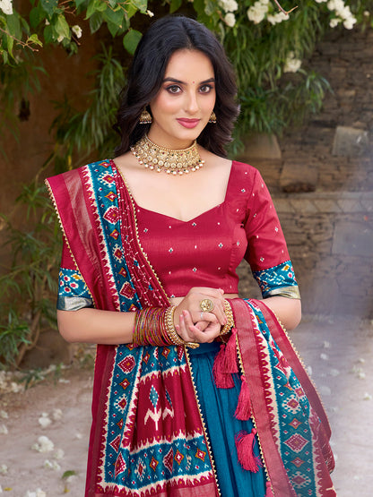 Teal Color Patola Printed Tussar Silk Lehenga Choli