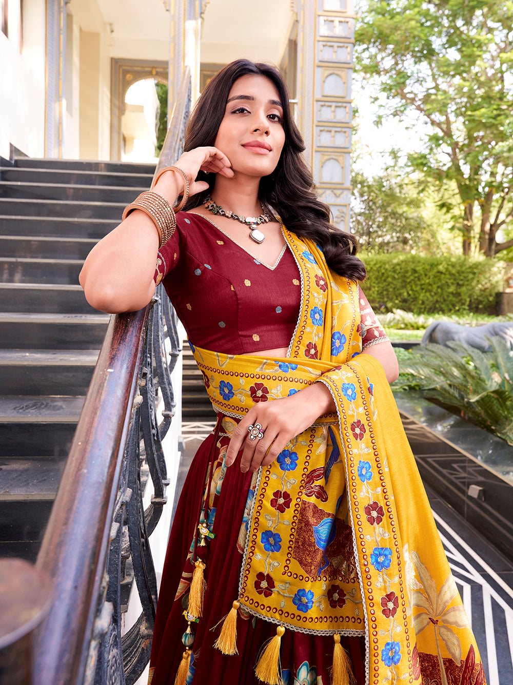 Maroon Color Printed And Foil Work Tussar Silk Lehenga Choli