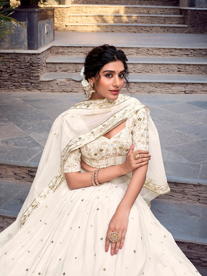 Off White Color Sequins And Embroidery With Foil Work Silver Glosy Lehenga Choli