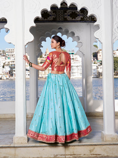 Sky Blue Weaving Zari Work With Jacquard Silk (Paithani) South Lehenga Choli