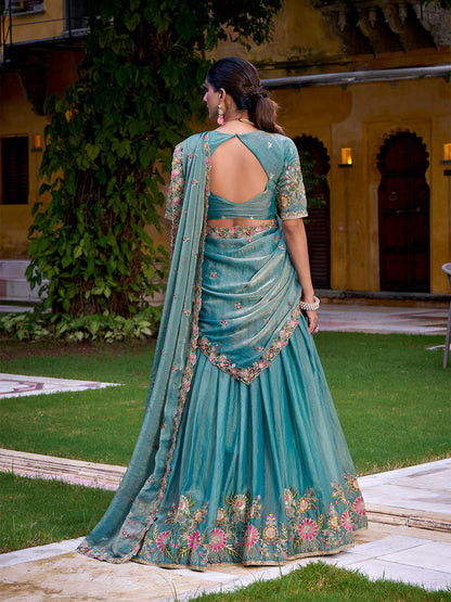 Sky Blue Color Sequince And Thread Embroidery Work Zari Shimmer Lehenga Choli