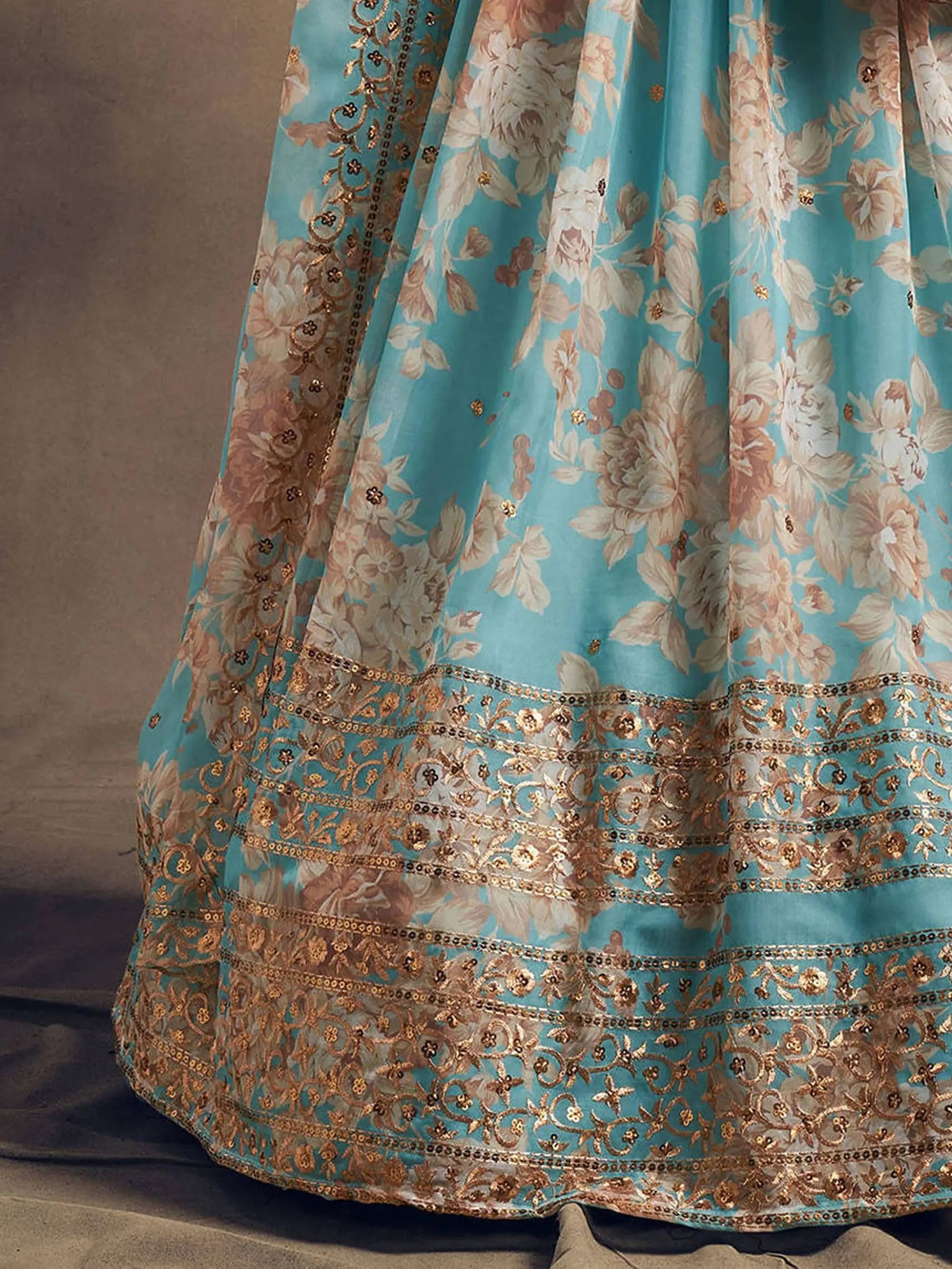 Sky Blue Floral Printed Organza Festival Lehenga Choli - Zeel Clothing