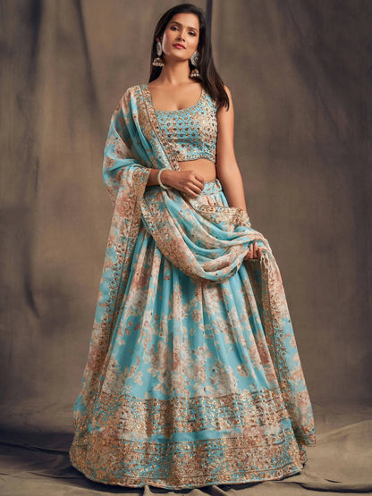 Sky Blue Floral Printed Organza Festival Lehenga Choli - Zeel Clothing