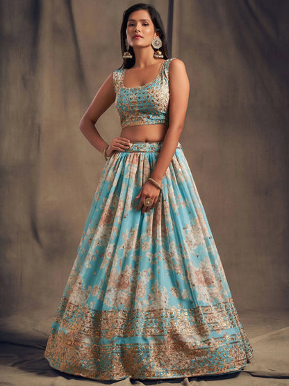 Sky Blue Floral Printed Organza Festival Lehenga Choli - Zeel Clothing