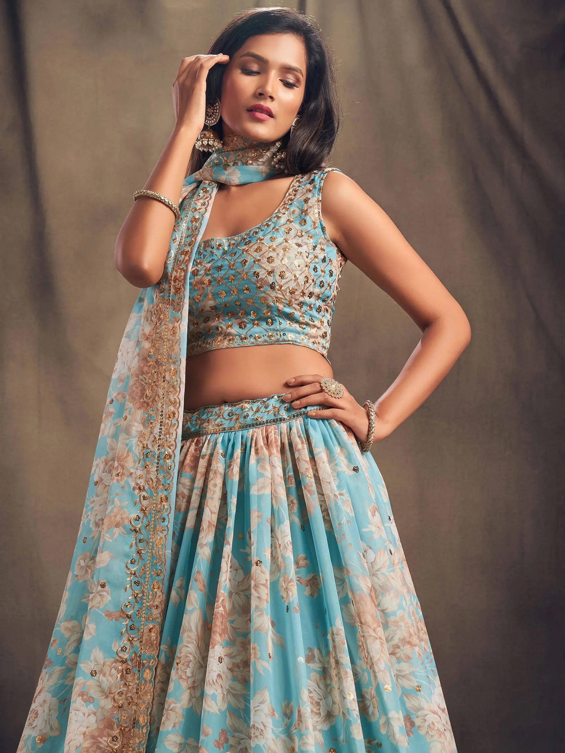 Sky Blue Floral Printed Organza Festival Lehenga Choli - Zeel Clothing