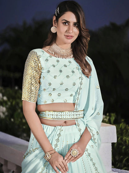 Sky Blue Sequins Georgette Wedding Wear Lehenga Choli - Zeel Clothing