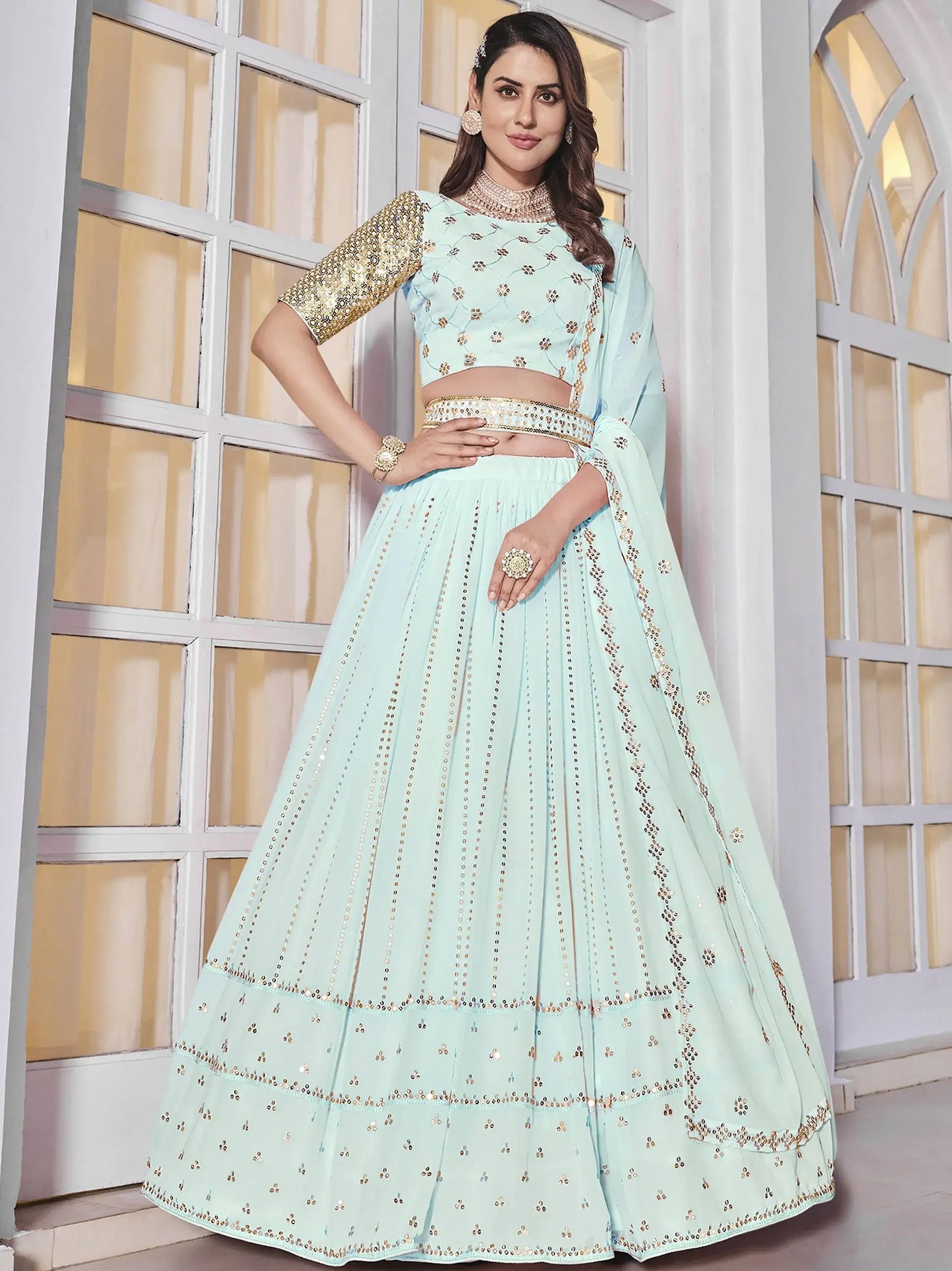 Sky Blue Sequins Georgette Wedding Wear Lehenga Choli - Zeel Clothing