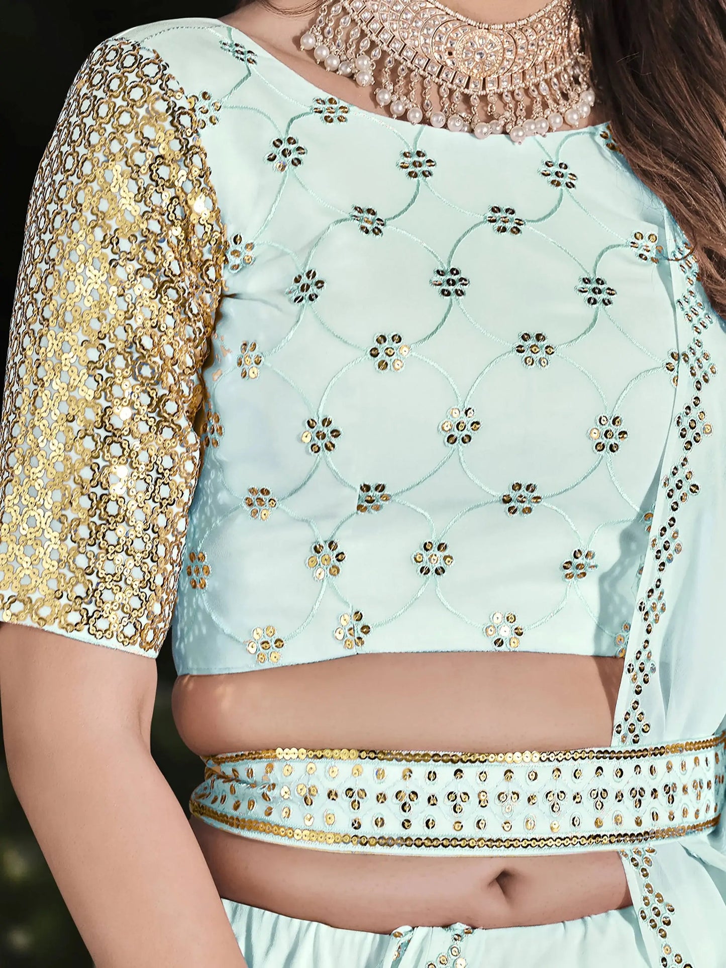 Sky Blue Sequins Georgette Wedding Wear Lehenga Choli - Zeel Clothing