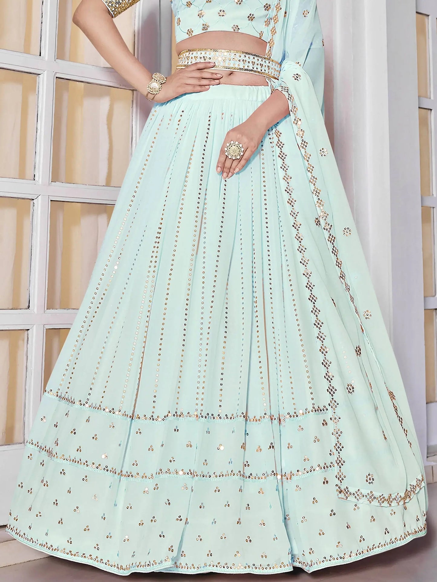 Sky Blue Sequins Georgette Wedding Wear Lehenga Choli - Zeel Clothing