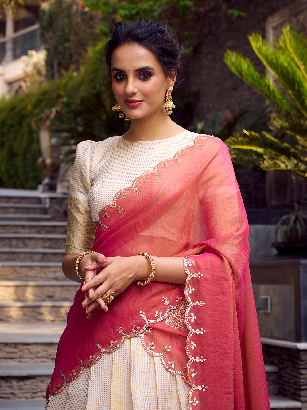 Off White Color Zari Weaving Work Jacquard Chex South Indian Lehenga Choli