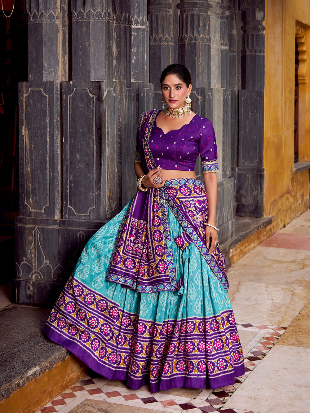 Sky Blue Color Ikkat Patola Printed Tasar Silk Lehenga Choli